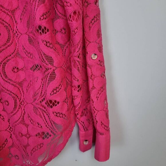Maeve Womens Lace Tunic Top Pink Size 12 Roll Tab Sleeves Cutouts Button Down - Picture 4 of 8